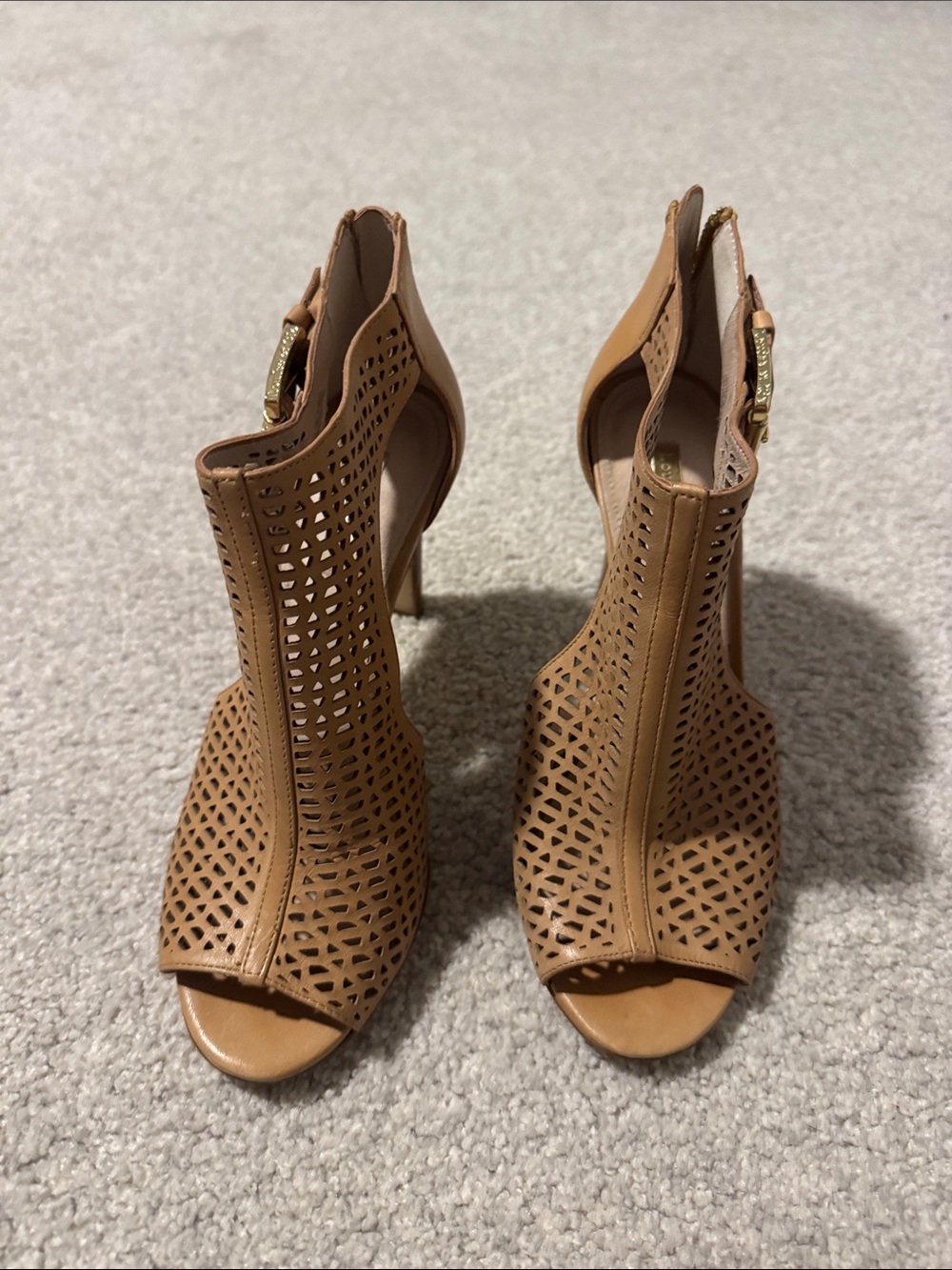 Louise et Cie Tan Laser-Cut Peep-Toe Block Heels